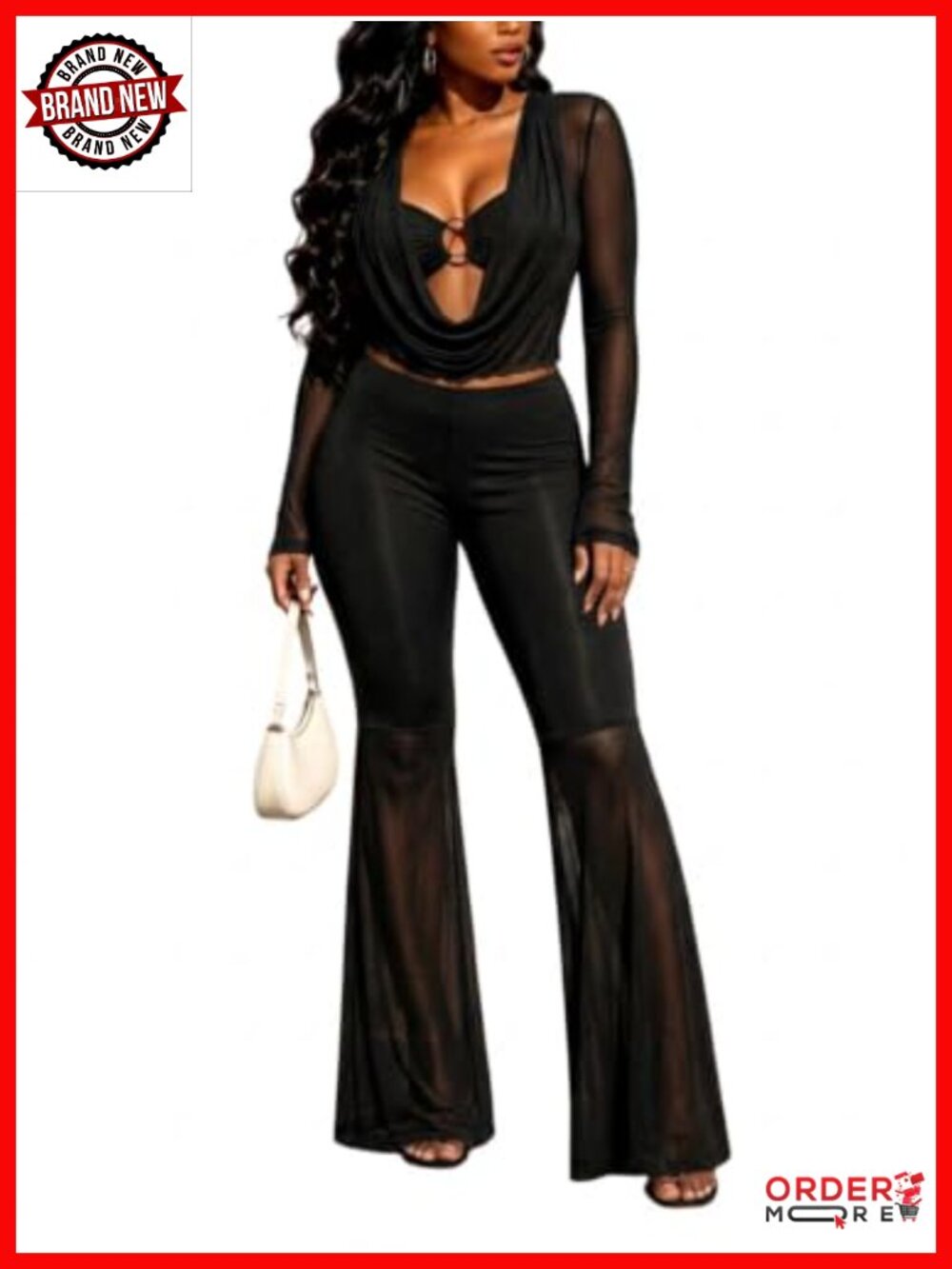 3 Piece Mesh Set Cowl Neck Cover Up Bandeau Wide Leg Pants High Stretch